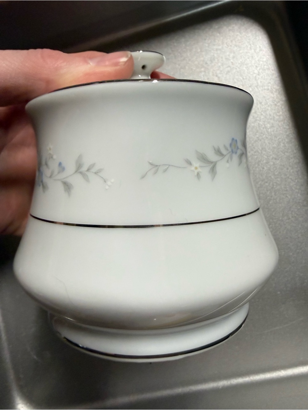 Source Unknown White Porcelain Sugar Bowl with Blue Floral Motif and Silver Trim